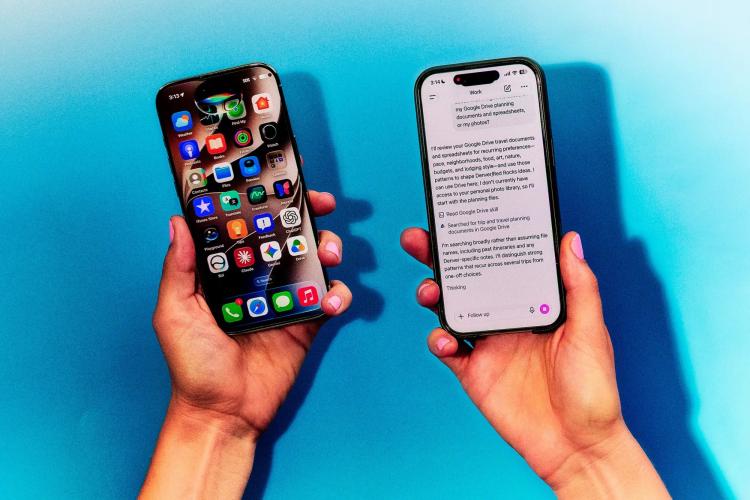Việc Apple ra mắt Siri AI (trái) vào mùa thu này sẽ mang lại lợi thế cho họ trước ChatGPT (phải), bởi nó sẽ trở thành tùy chọn chatbot mặc định cho hàng trăm triệu người dùng Apple Ảnh: Joel Arbaje/Bloomberg; Dàn dựng: Jacqueline Draper