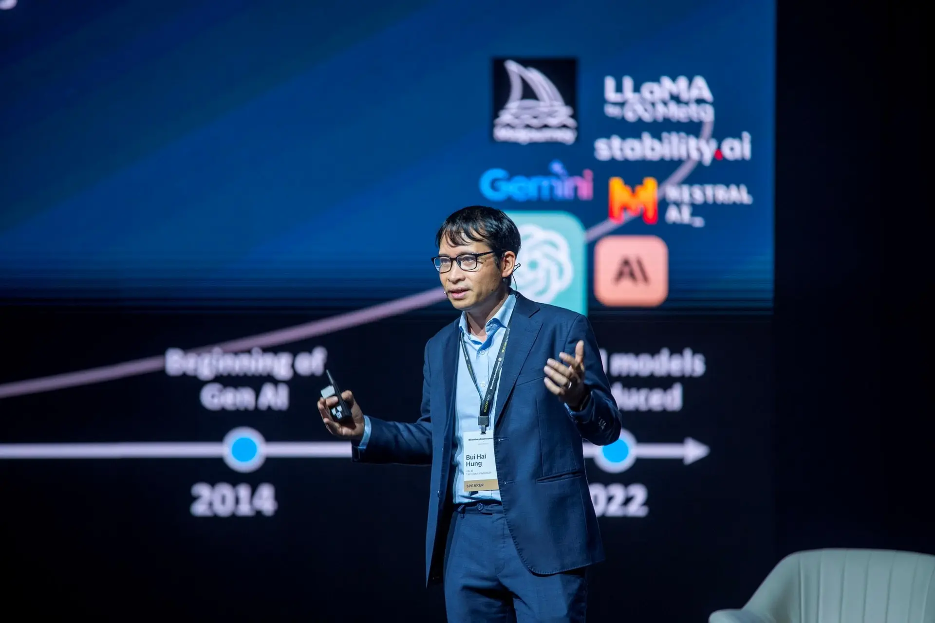 Ông Bùi Hải Hưng trình bày về ứng dụng AI trong sự kiện do Bloomberg Businessweek Vietnam tổ chức năm 2024. 