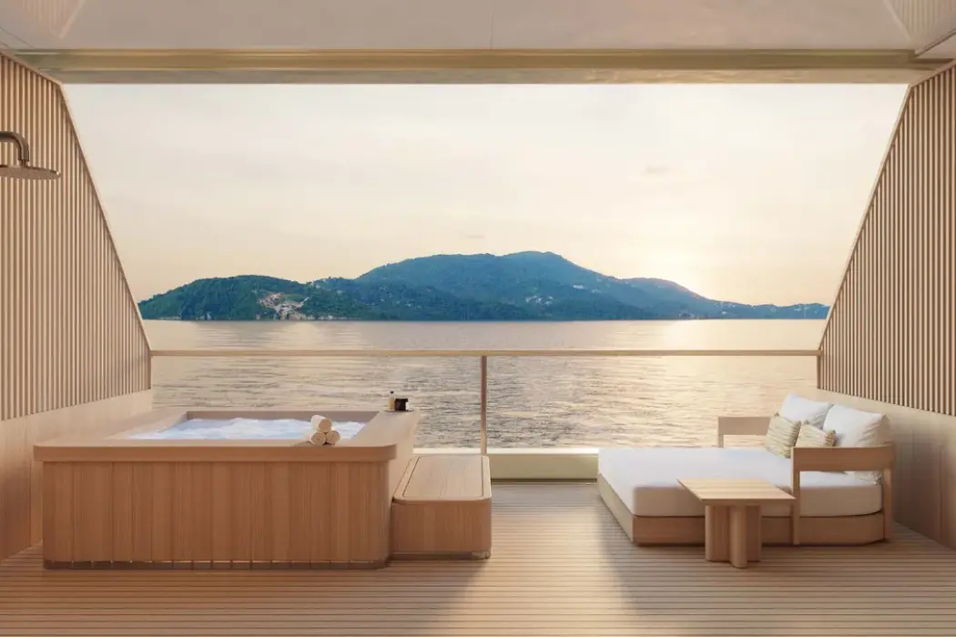 A rendering of a private balcony on Amangati.Source: SINOT Yacht Architecture & Design