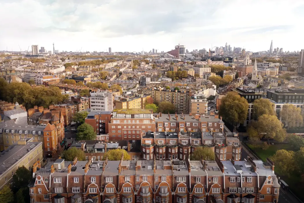 Echlin, Sloane Court East, Ảnh chụp từ trên cao các căn hộ áp mái. Nguồn: Echlin 