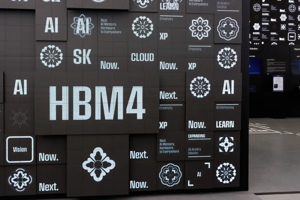 Biển hiệu quảng cáo chip HBM4 của SK Hynix tại triển lãm bên lề Hội nghị thượng đỉnh CEO APEC ở Gyeongju, Hàn Quốc. Hình ảnh: SeongJoon Cho/Bloomberg 